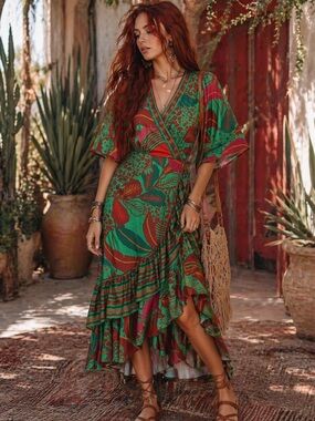 Farm x Anthropologie Flutter-Sleeve Wrap Maxi Dress